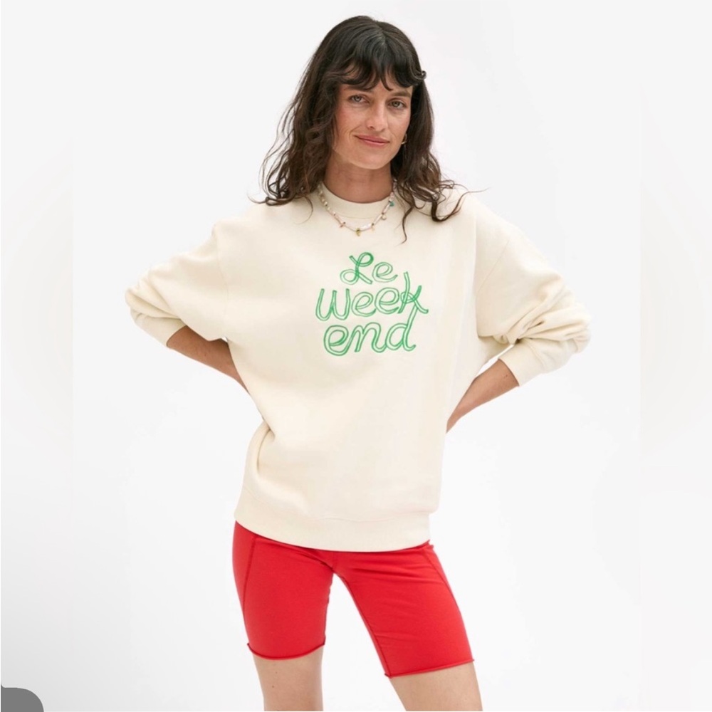 Clare V. Le Weekend Embroidered Comfy Sweatshirt Sweater Cream Off White Green - Picture 3 of 10